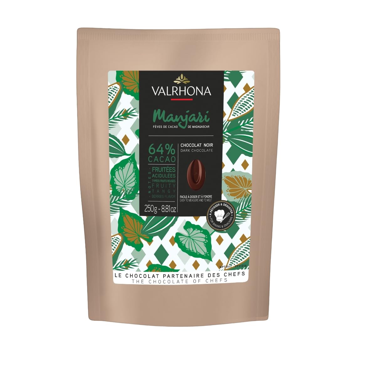 Valrhona Premium French Baking Dark Chocolate Discs (Feves). MANJARI 64% Cacao Single Origin. Easy Melt. Easy to chop. Creamy & Balanced. Sauces, Cakes, Mousses, Frostings and Candies 250g (Pack of 1)