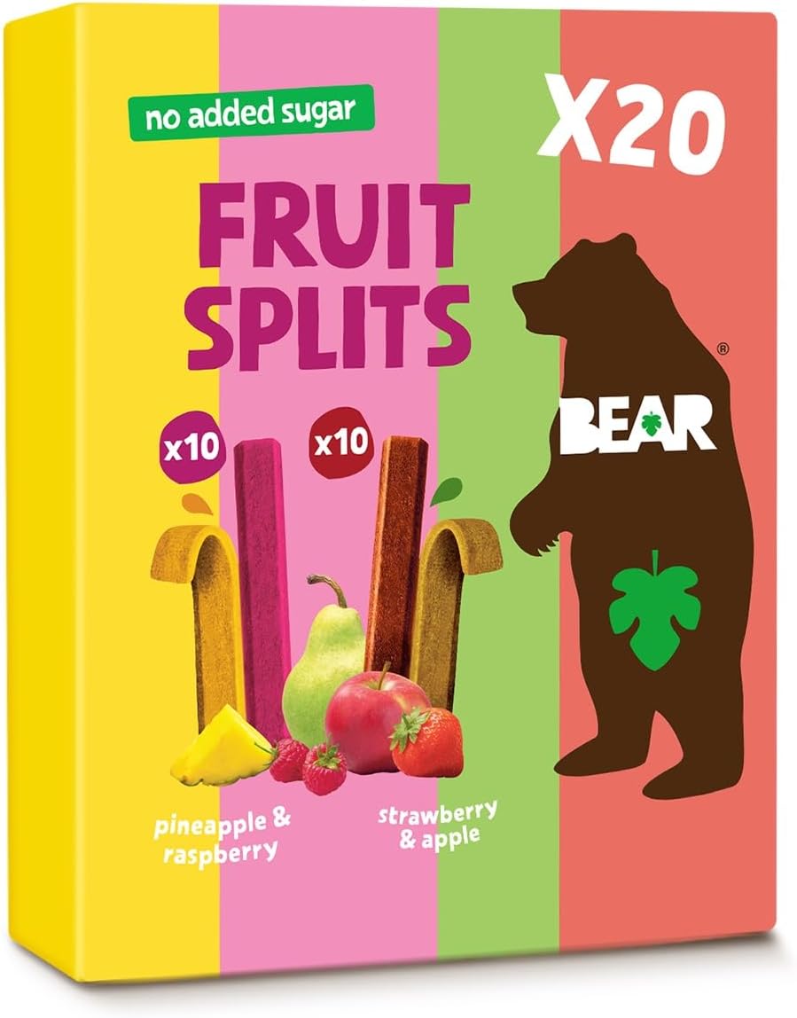 BEAR Strawberry & Apple and Pineapple & Raspberry FRUIT SPLITS Variety Pack - Delicious Real Fruit - Healthy - 20 packs
