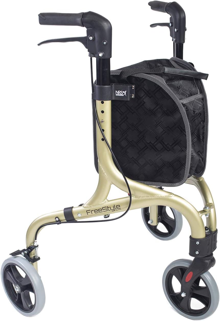 NRS Healthcare Freestyle 3 Wheel Rollator, Ultra Lightweight 5 kg (11lb) - Champagne Gold, P23049