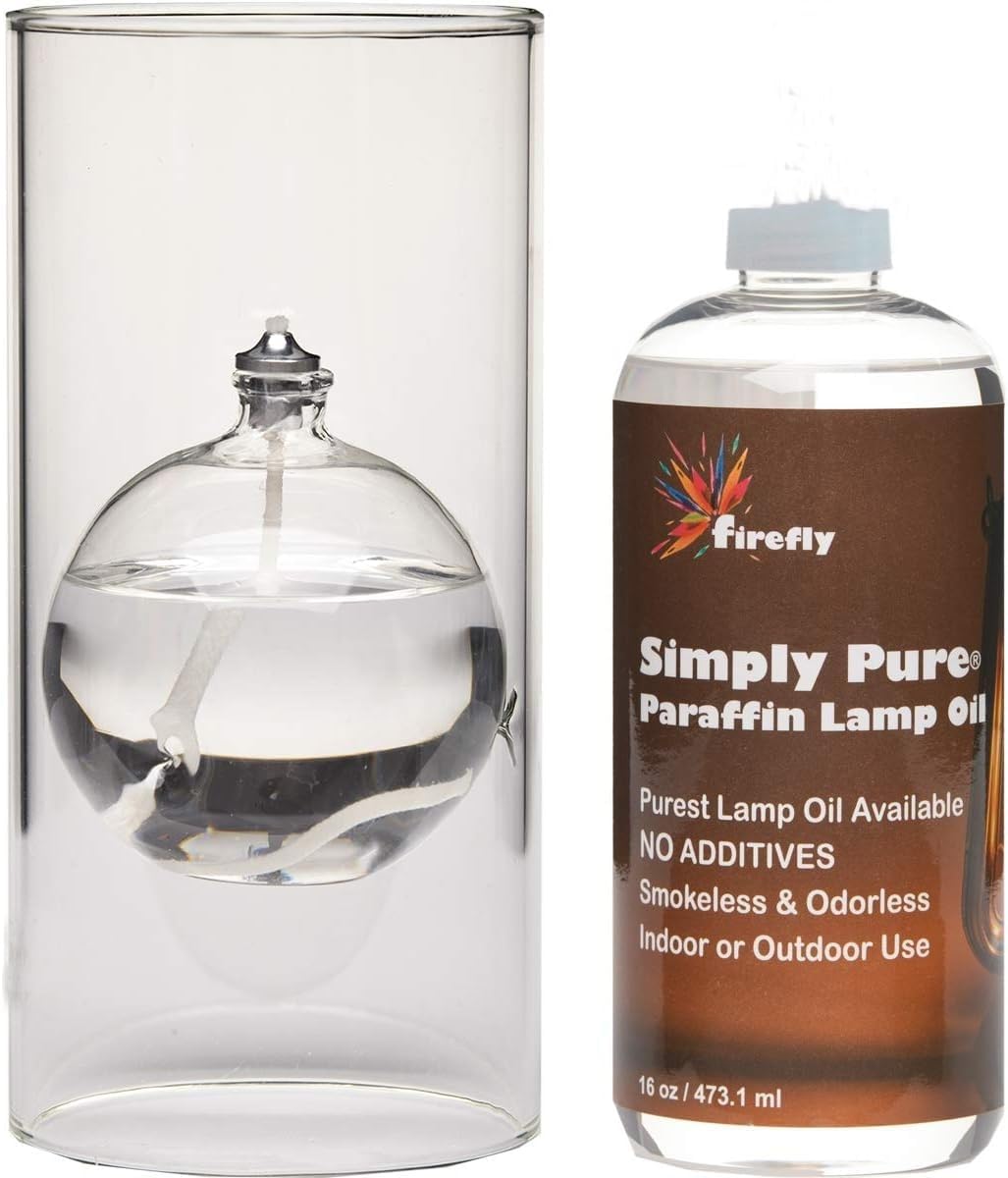 Firefly Modern Transcend Clear Glass Oil Lamp | 2-Piece Borosilicate Glass Includes Bliss Oil Candle Suspended in The Hurricane Candle Holder Sleeve - Includes 16 oz. Smokeless, Paraffin Lamp Oil