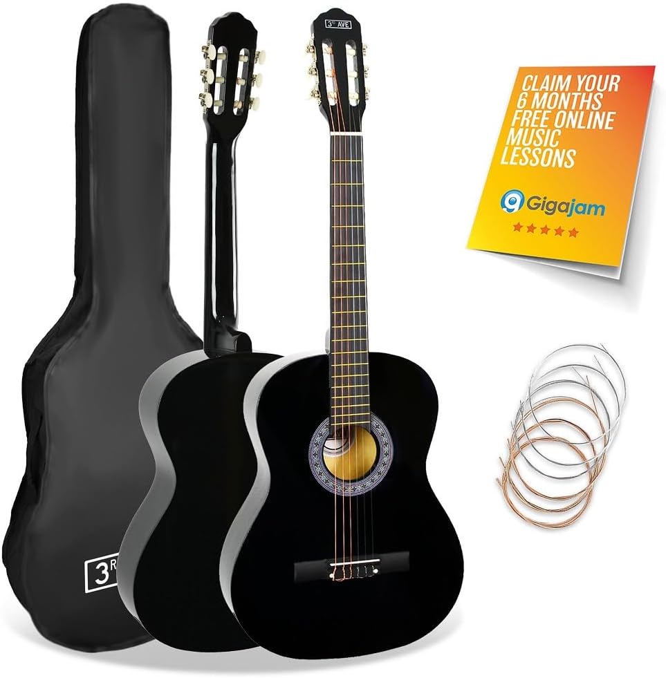 3rd Avenue Full Size 4/4 Classical Guitar Spanish Nylon String Beginner Pack Bundle - 6 Months FREE Lessons, Bag, Strings – Black