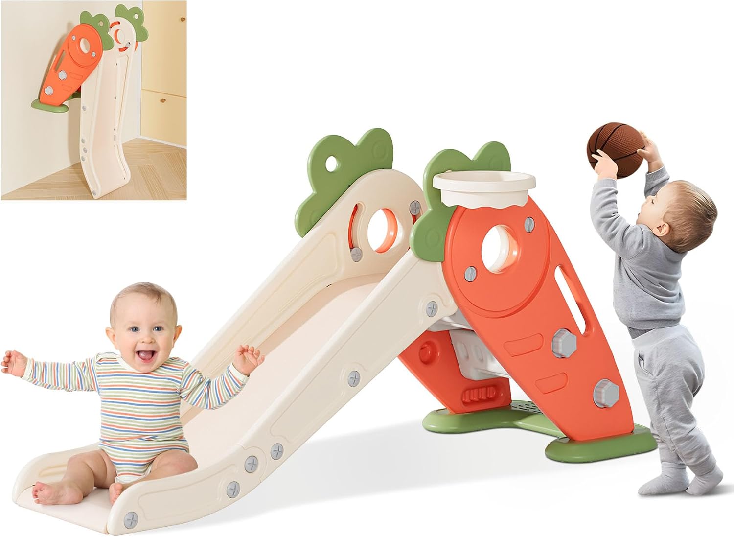BIERUM Toddler Slide, 3 in 1 Indoor Foldable Kids Slide for Toddlers Age 1-2, Carrot Theme Freestanding Slide, Baby Play Slide, Indoor and Outdoor Playground, Baby Playset with Basketball Hoop Orange