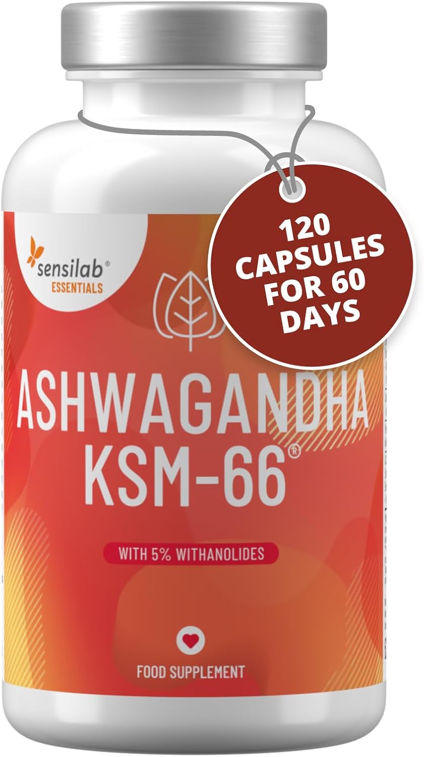 Ashwagandha KSM 66-600 mg Ashwagandha Root Extract with 5% Withanolides and Black Pepper - 120 Capsules for 60 Days - Sensilab