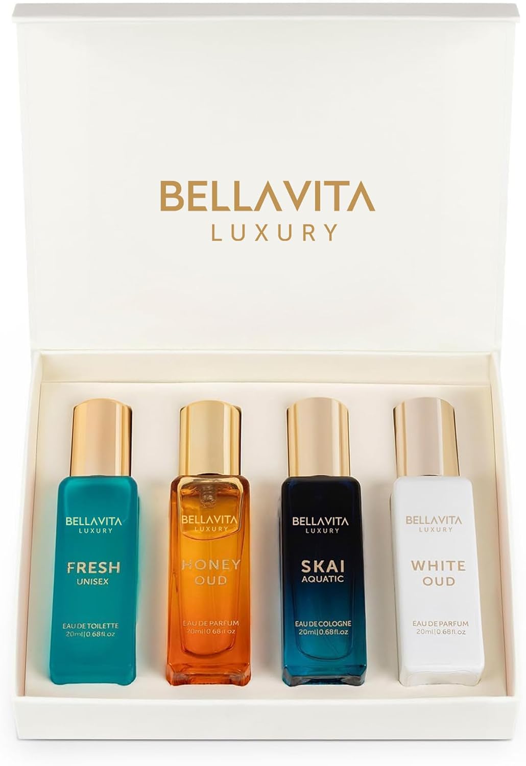 Bellavita Luxury Unisex Perfume Gift Set with Honey Oud, White Oud, Skai, and Fresh | 80ml | Perfume for Men and Women | Honey, Artemisia Lemon, Bergamot, and Sweet Almond Notes | Women's Day Special