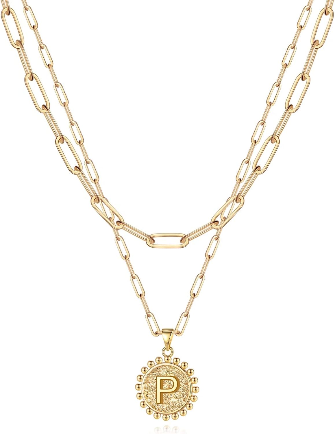 Yoosteel Gold Initial Necklaces for Women, 14K Gold Plated Dainty Layering Paperclip Link Chain Necklace Personalized Coin Initial Layered Gold Necklaces for Women