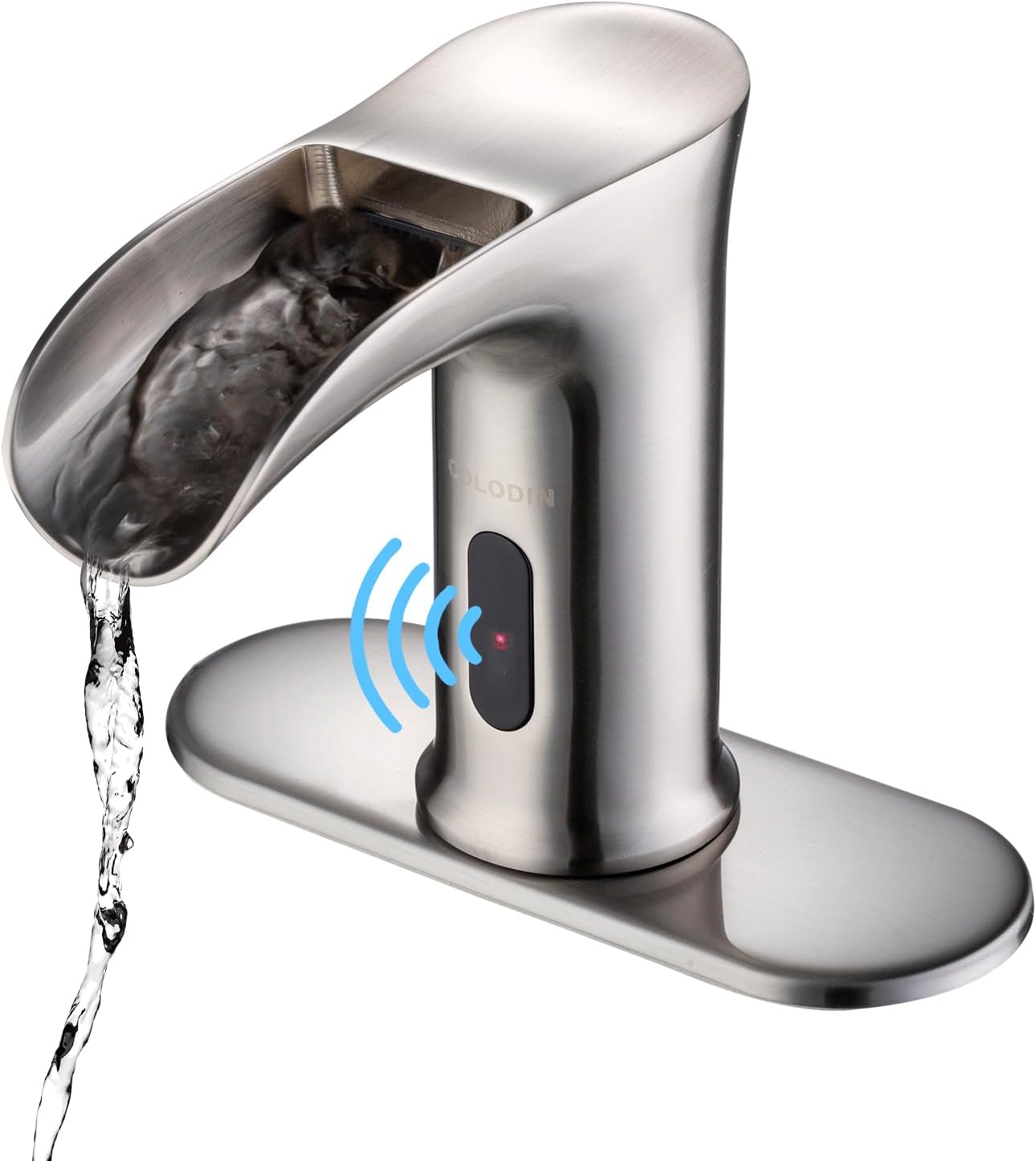 Automatic Sensor Touchless Waterfall Bathroom Sink Faucet, Modern Electronic Sensor Lavatory Faucet, Brushed Nickel Hands Free Vanity Faucets with Control Box and Temperature Mixer
