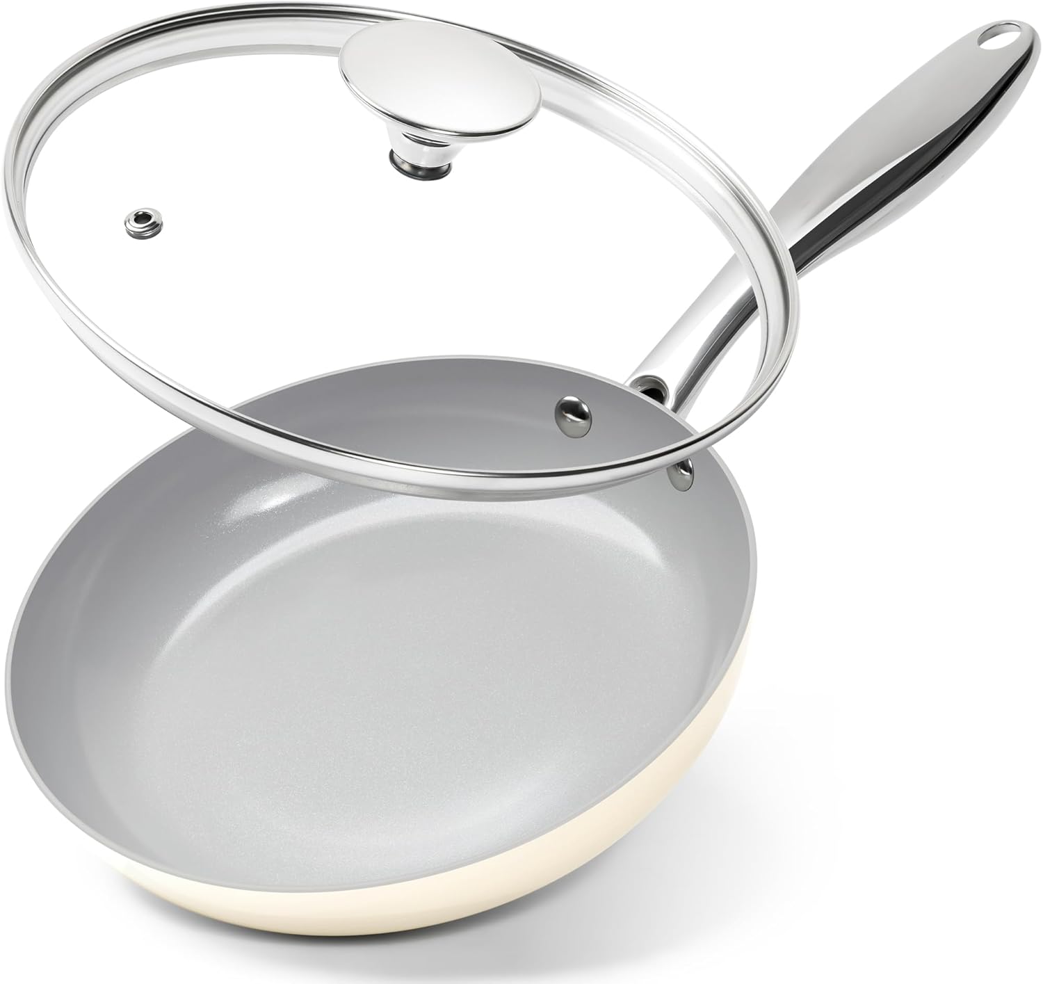 MICHELANGELO 20cm Ceramic Frying Pan, Non Stick Fry Pan with Lid, Small Skillet Nonstick, Non Toxic Frying Pan, Ceramic-Coated, Beige