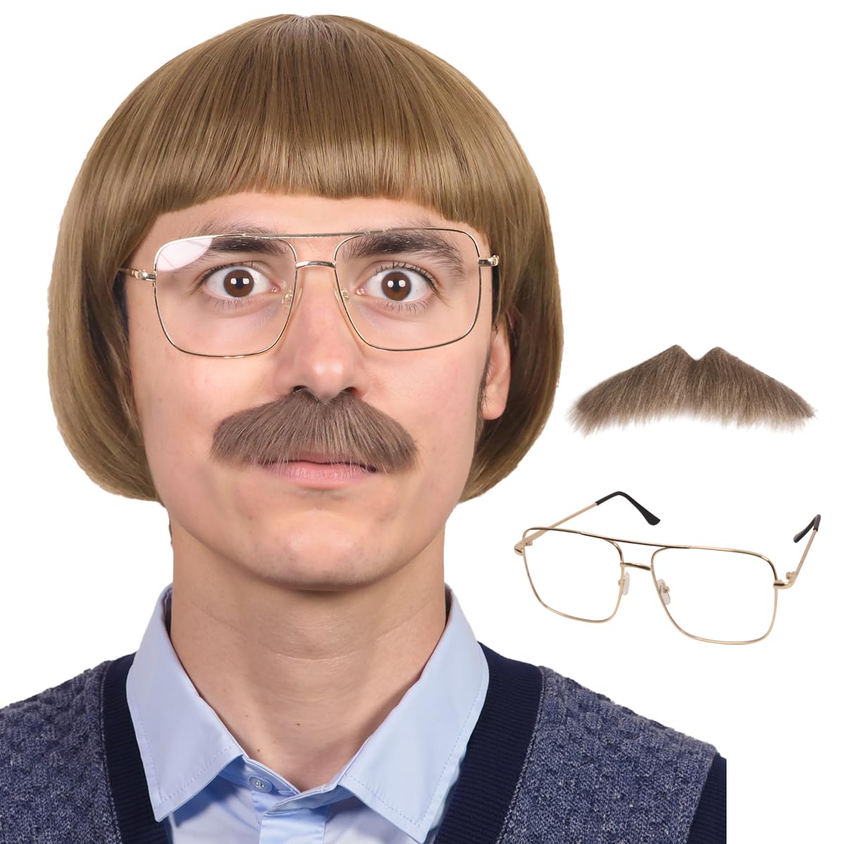 Short Straight 60 70s Bowl Cut Funny Wig with Glasses and Mustache for Men Crazy Mushroom Cosplay Wig for Halloween (Light Brown)