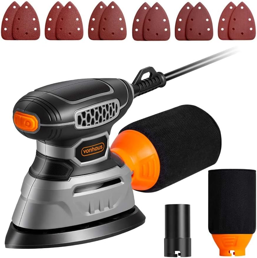 VonHaus 140W Detail Sander – Compact Electric Palm Sander for Wood with Dust Collector, 13000RPM, 12 Sanding Pads (60–320 Grit), 3M Cable, 140mm Base & Ergonomic Rubber Grip