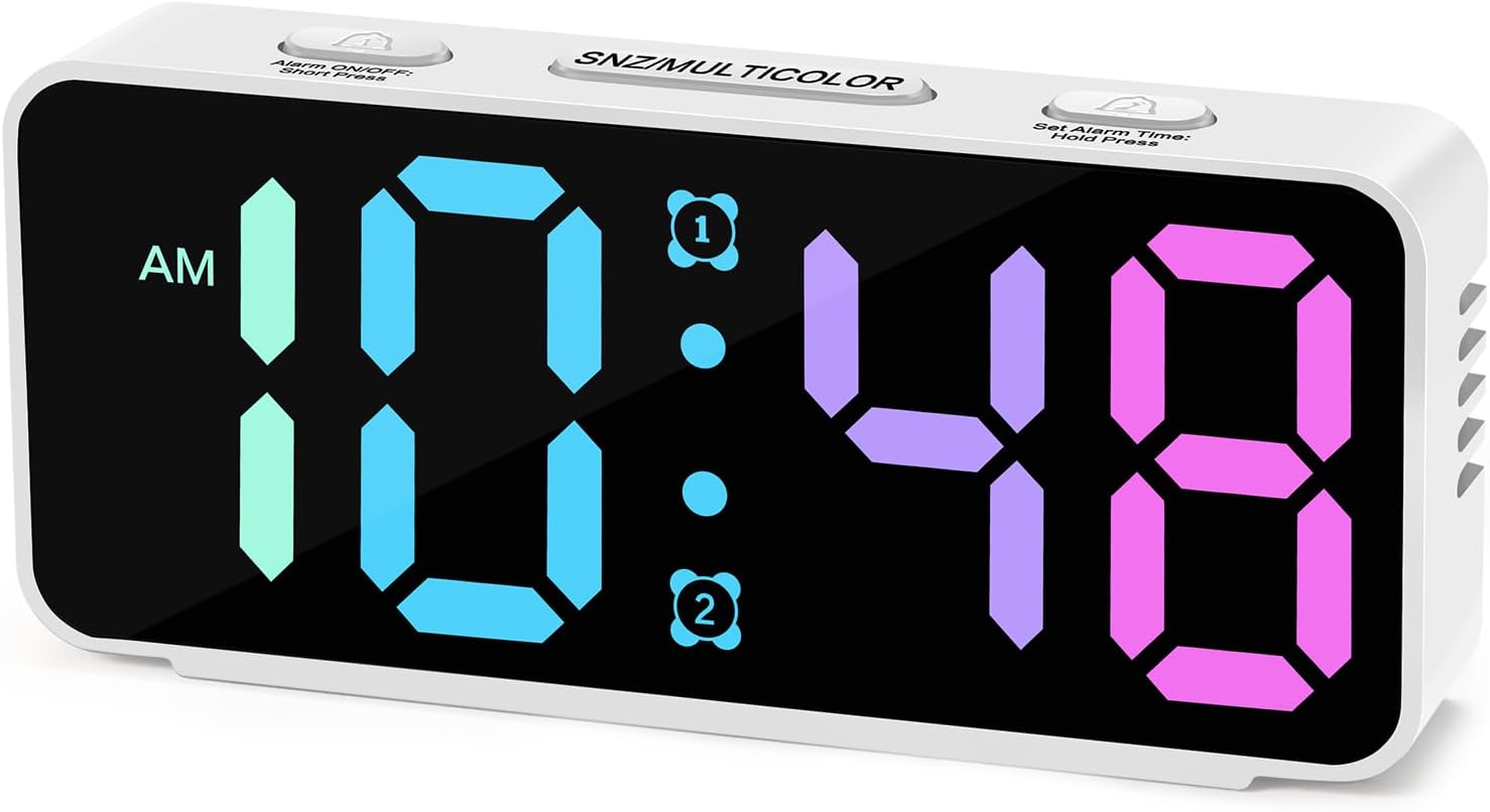Cadmos Small Super Loud Alarm Clock for Bedrooms,Plug in Simple Digital Alarm Clocks with Large RGB Colorful Display,Dual Alarms,Dimmer,Ok to Wake Up for Heavy Sleepers Adults,Kids,Teens (White)