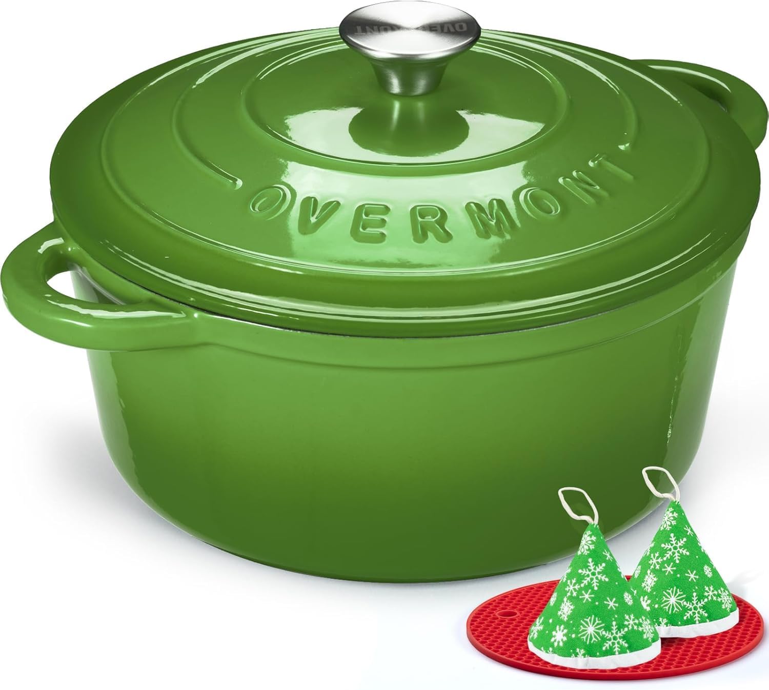 Overmont 26cm/5.2L Enamelled Cast Iron Round Casserole Pot With Lid Cookbook & Cotton Potholders - Non-stick Dutch Oven Cookware for Braising, Stews, Roasting, Bread Baking - Forest green, 5.5QT