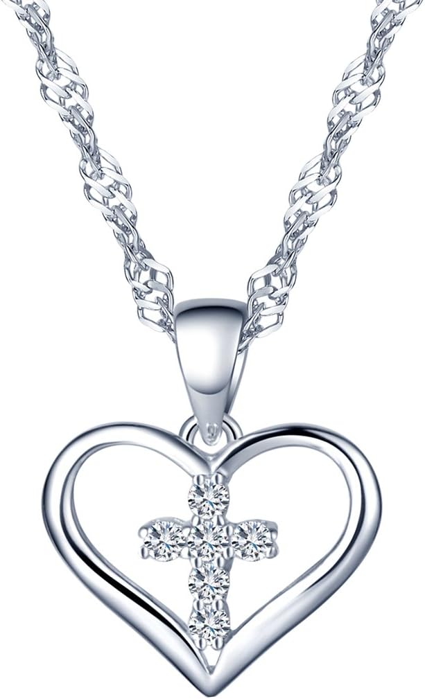 Yumilok Jewelry 925 Sterling Silver Cubic Zirconia Elegant Cross Heart Shaped Pendant Necklace for Women/Girls