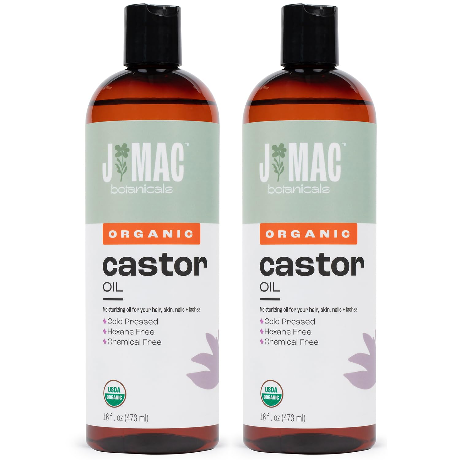 J MAC BOTANICALS Organic Castor Oil Cold Pressed in Amber BPA Free Plastic Bottle (32 oz) USDA Certified, Hexane Free - Moisturizing Oil for Hair, Skin, Face, Eyelashes, Brows, Nails, and Castor Wraps