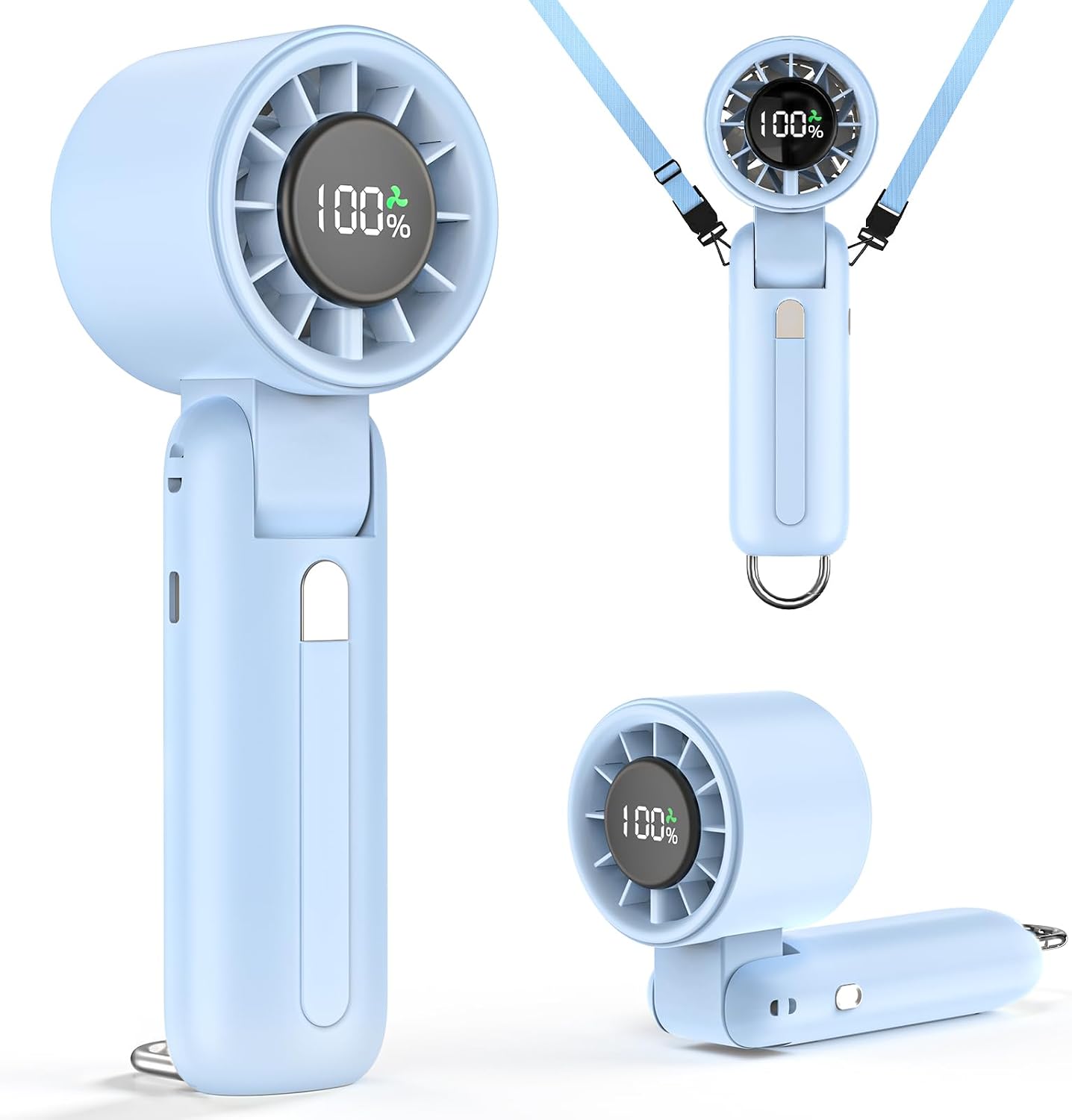 2025 Turbo Handheld Fan-100-Speed Adjustable, USB Rechargeable, 5000mAh Battery, 7-Blade High-Speed Cooling for Travel, Office & Camping - Compact, Foldable with LED Display & Carabiner Clip(Sky blue)