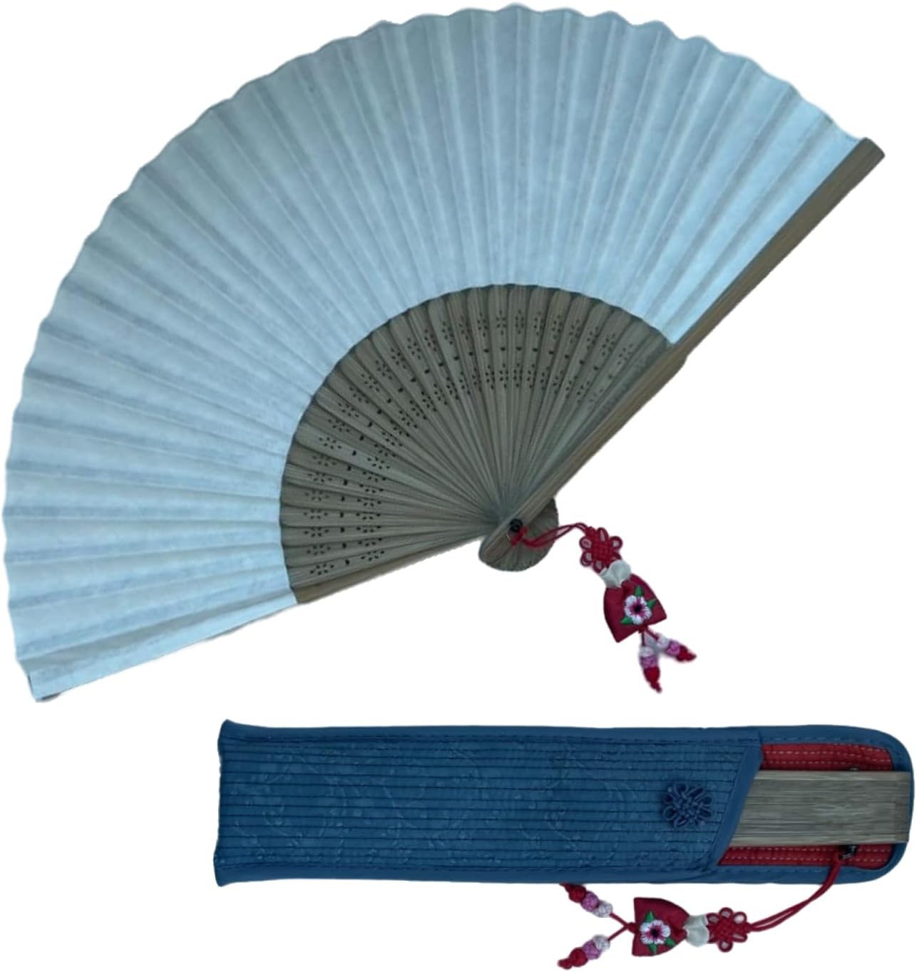 Korean Traditional Hand Held Folding Fan, 8.27"(21cm) Bamboo and Korean Paper (Hanji) Hand Fan - With a Fabric Sleeve for Protection, Korean Charming Elegant Vintage Retro Style (White)