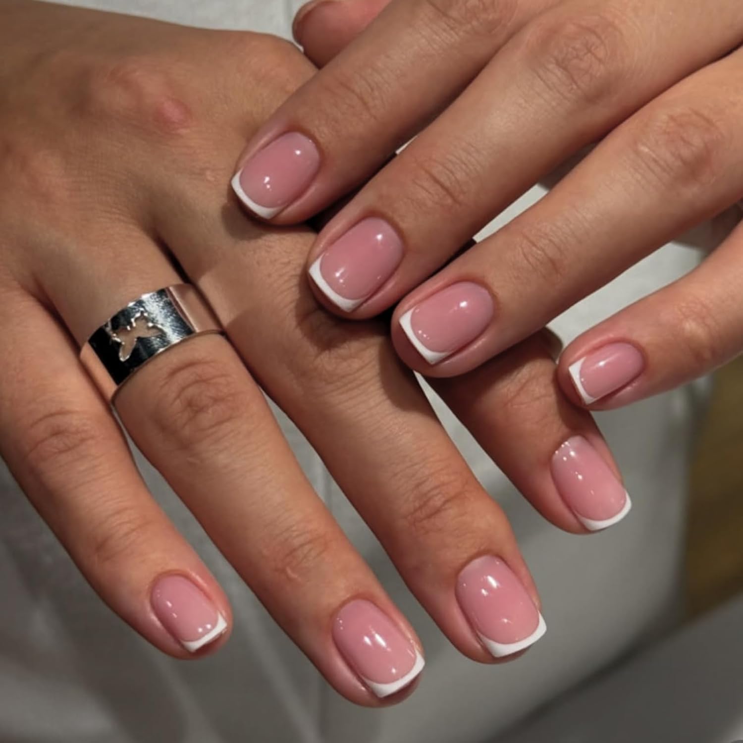 24PCS Fake Nails with Glue - Short Square False Nails - French Tip Natural Simple French Style - Stick on Nails Tip - Full Cover Acrylic False Nails & Accessories Nails Art for Women