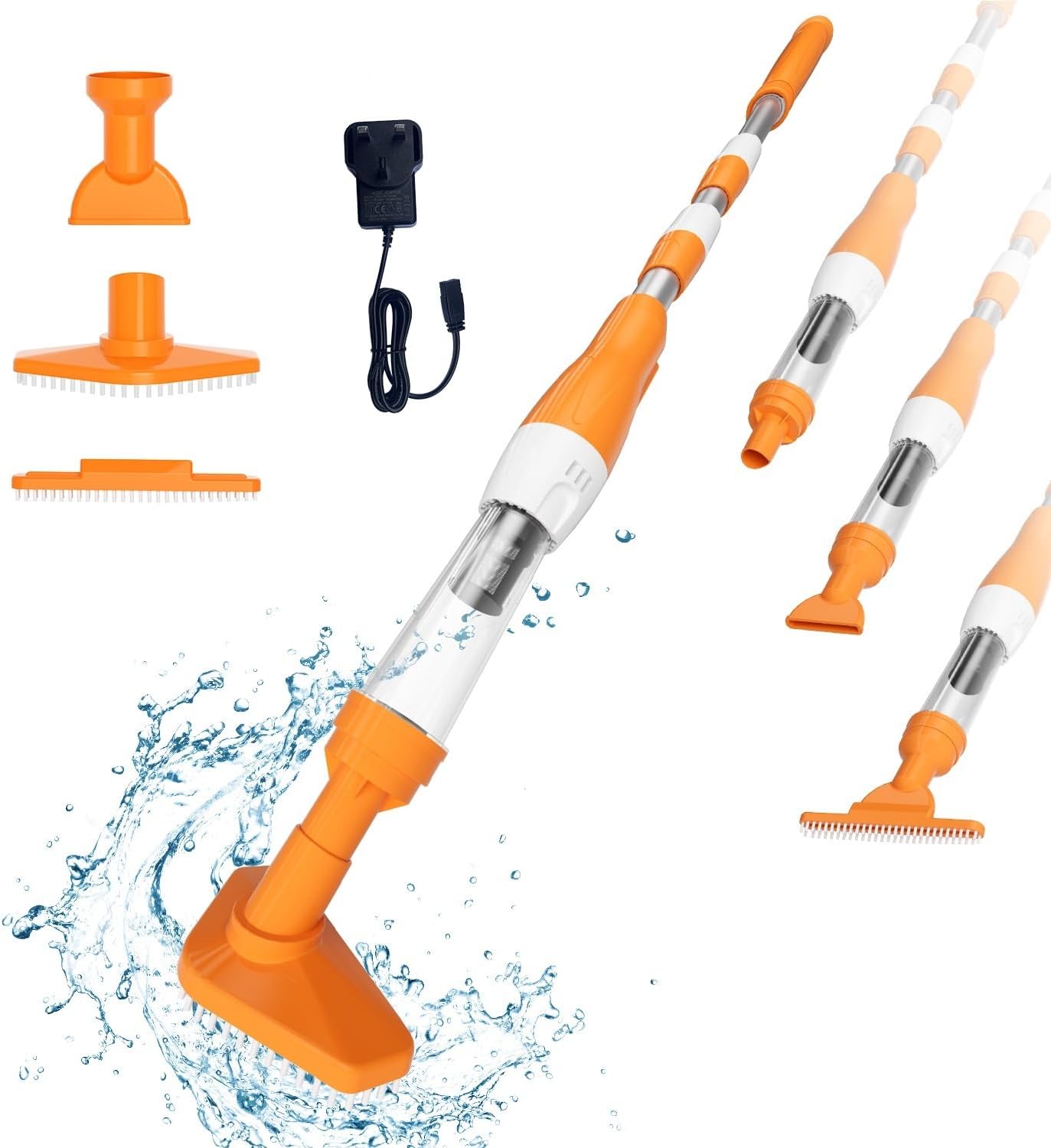 PoolyPoly 3 in 1 Pool Vacuum Cleaner, Electric Pool Hoover with Length Adjustable Handle, Rechargeable Vacuum for Spas, Hot Tubs, Small Pools, 90 Minutes Running Time, Orange