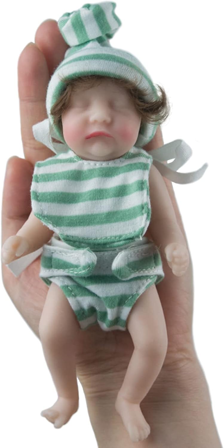 YIHANGG 6 Inch Mini Reborn Baby Doll Realistic Newborn Doll With Curly Rooted Hair Clothes Full Body Real Soft Silicone Eyes Closed Sleeping Doll 15cm