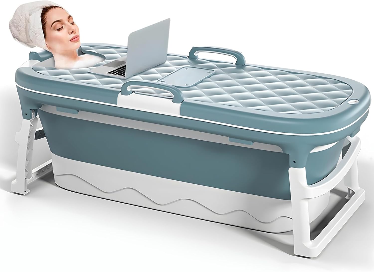 Warmiehomy Portable Bathtub Adult,138x62x52cm Large Folding Bathtub,Thicken Free Standing Soaking Baths,Massage Sweat Steaming Bathtub with Lid,Home Sauna Bathtubs for Adults Children,Blue