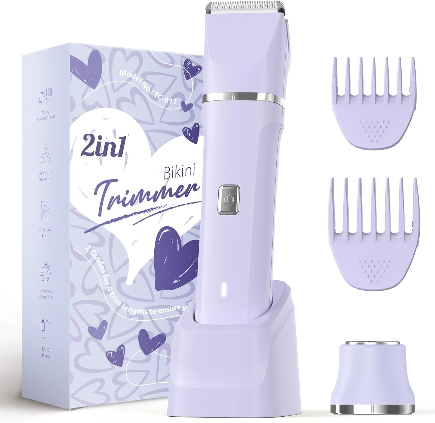 Risina 2-in-1 Bikini Trimmer for Women, Women's Electric Razor, Face Shaver | IPX7 Waterproof, Rechargeable, Ceramic Blades, Body Head, Guide Combs for Bikini Area, Pubic Hair, Legs, Underarms; Wet/Dry