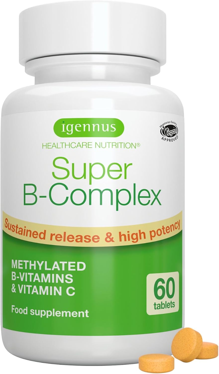 Igennus Super B-Complex High Absorption Methylated B Vitamins, 60 Tablets | Clean label & sustained release; complete spectrum of high strength B-vitamins with Folate, Boosted B12 & Vitamin C, vegan