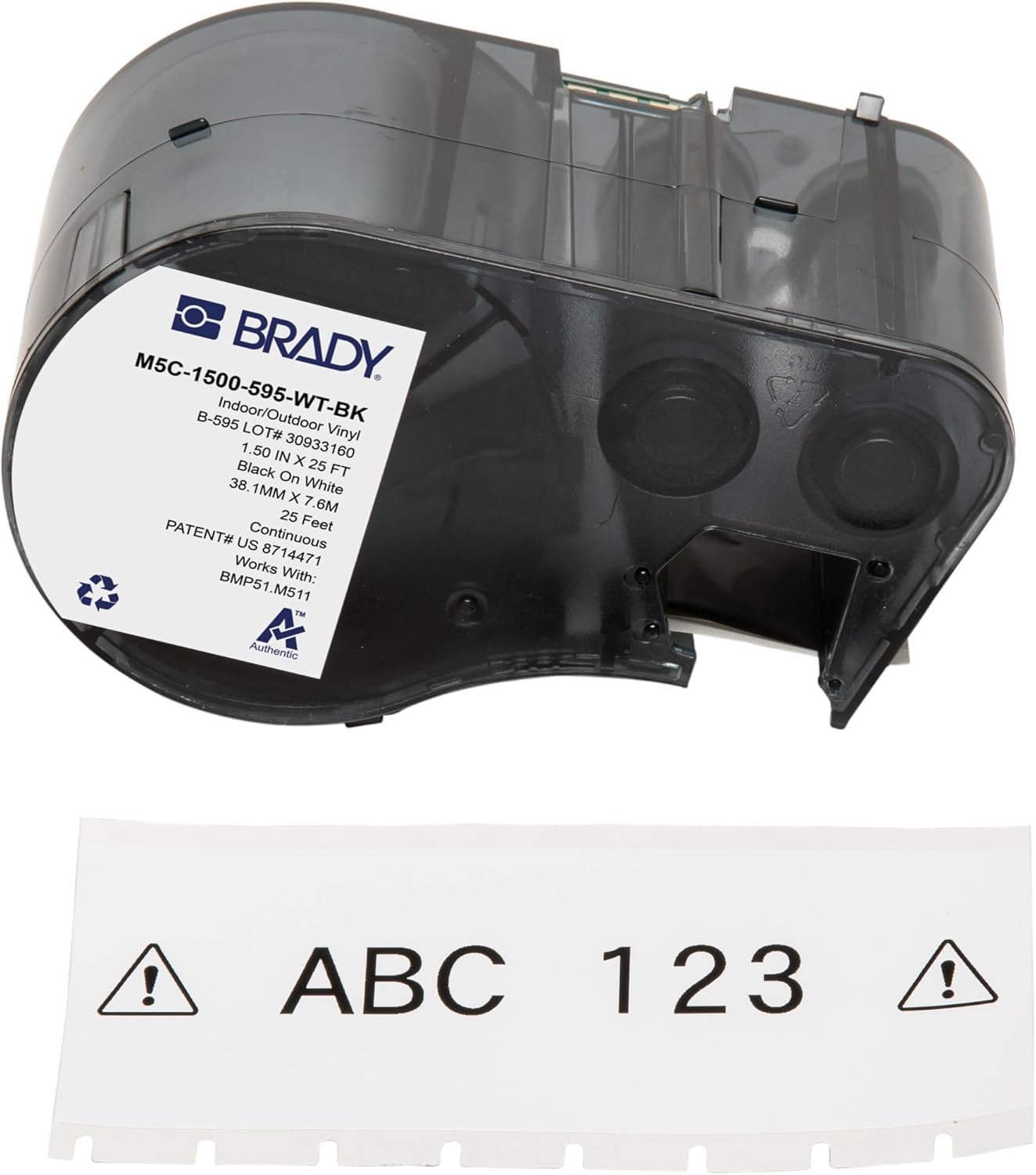 Brady Authentic (M5C-1500-595-WT-BK) All-Weather Vinyl Labels 1.5 in W x 25ft Black on White. for use with BMP51, M510, and M511 Label Printers.