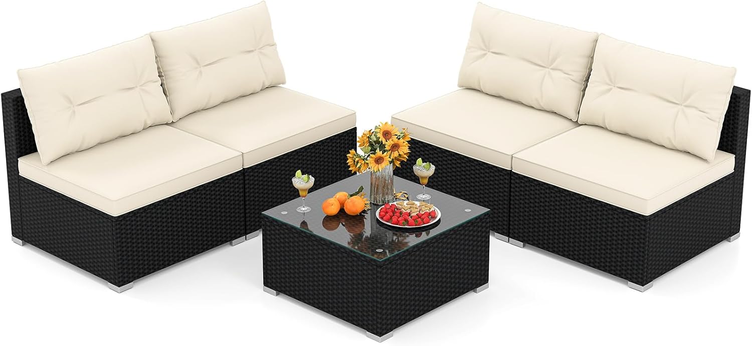 ORALNER 5 Pieces Patio Furniture Set, Outdoor Wicker Conversation Set with Cushions, Glass Coffee Table, Patio Rattan Sectional Sofa Set for Front Porch Balcony Garden Deck Poolside (Off-White)