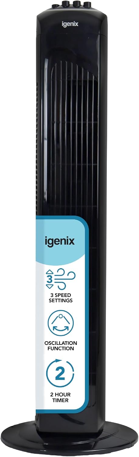 Igenix DF0030BL Oscillating Tower Fan, 30 Inch, 3 Speed Settings, 2 Hour Timer with Auto Shut Off, Black