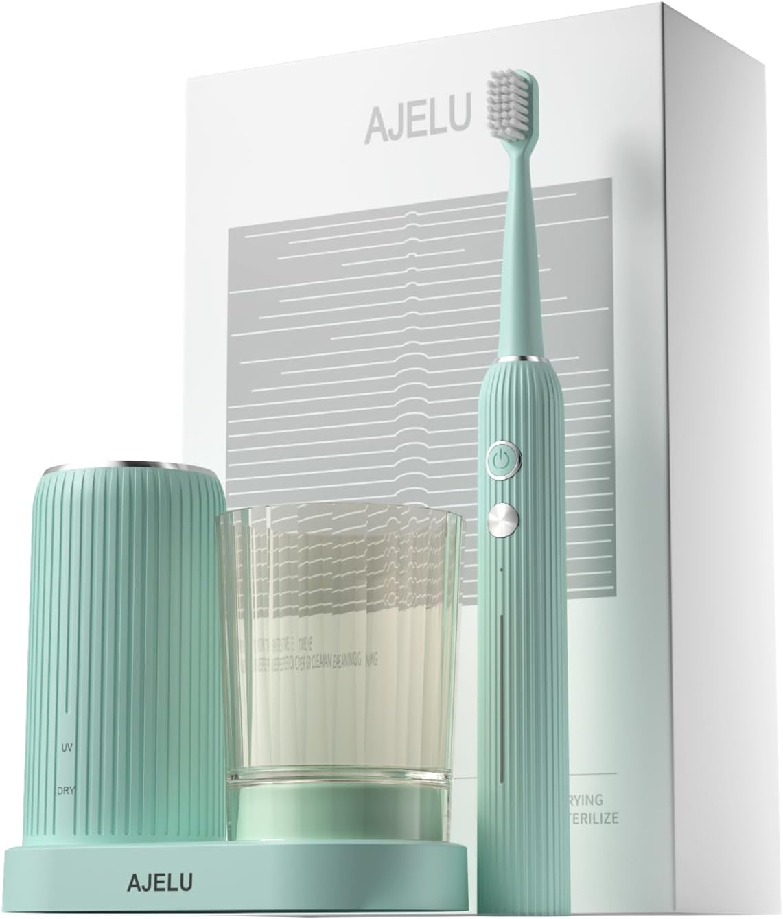 AJELU Rechargeable Sonic Toothbrush with Drying Holder, 8 Brush Heads, Smart Timer, Waterproof Design – Mint Green Edition
