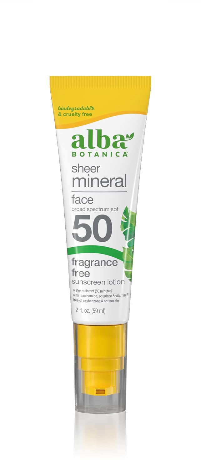 Alba Botanica Sunscreen for Face, Fragrance-Free Sheer Mineral Face Sunscreen Lotion, Broad Spectrum SPF 50, Water Resistant and Biodegradable, 2 fl. oz. Bottle (Packaging May Vary)