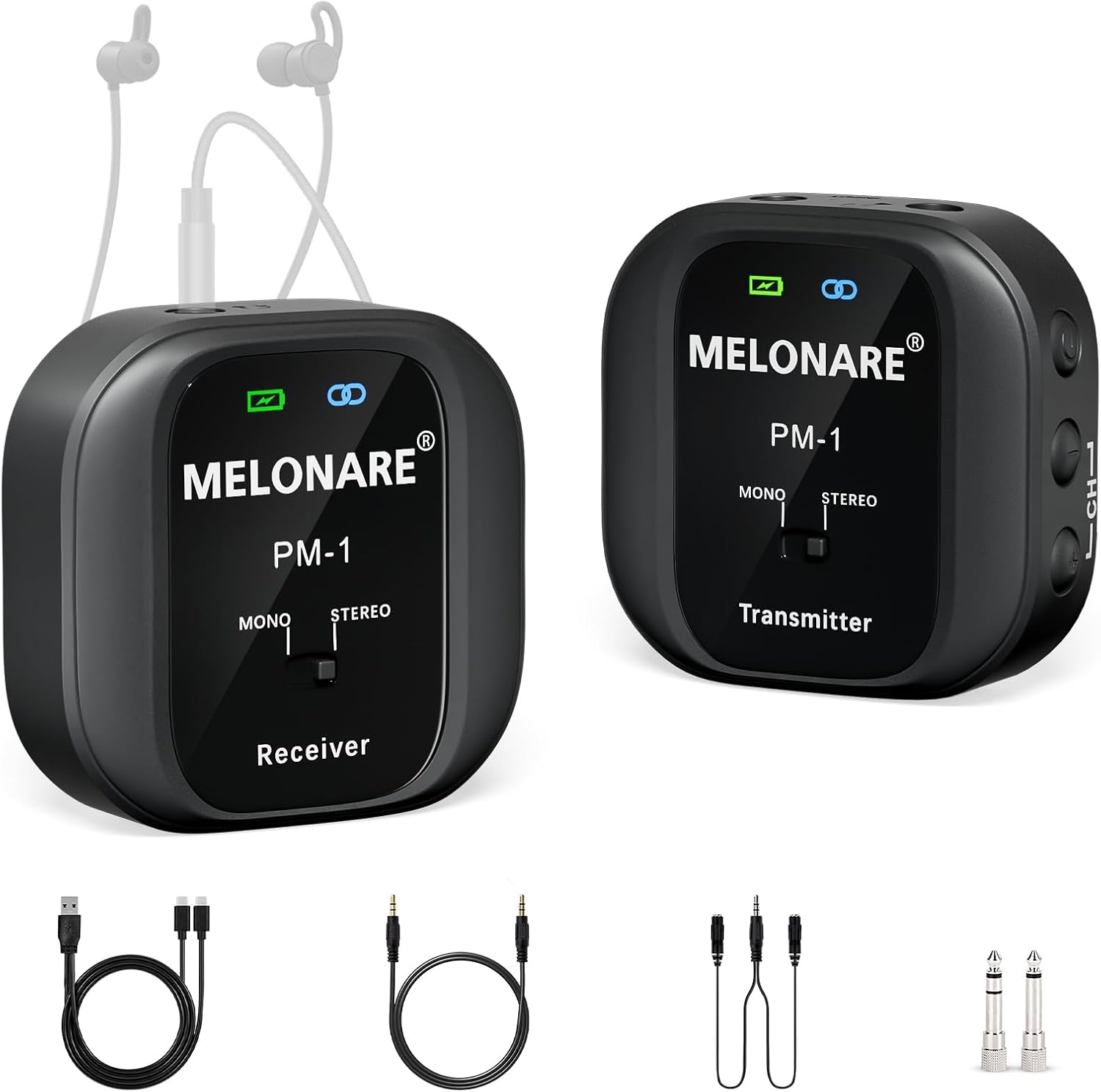 MELONARE PM-1 Wireless In-Ear Monitor System - UHF 500MHz, Low Latency, HD Audio, Beltpack Transmitter & Receiver, 10 Channels, Mono/Stereo Selection, IEM for Live Performance, Studio, Bands