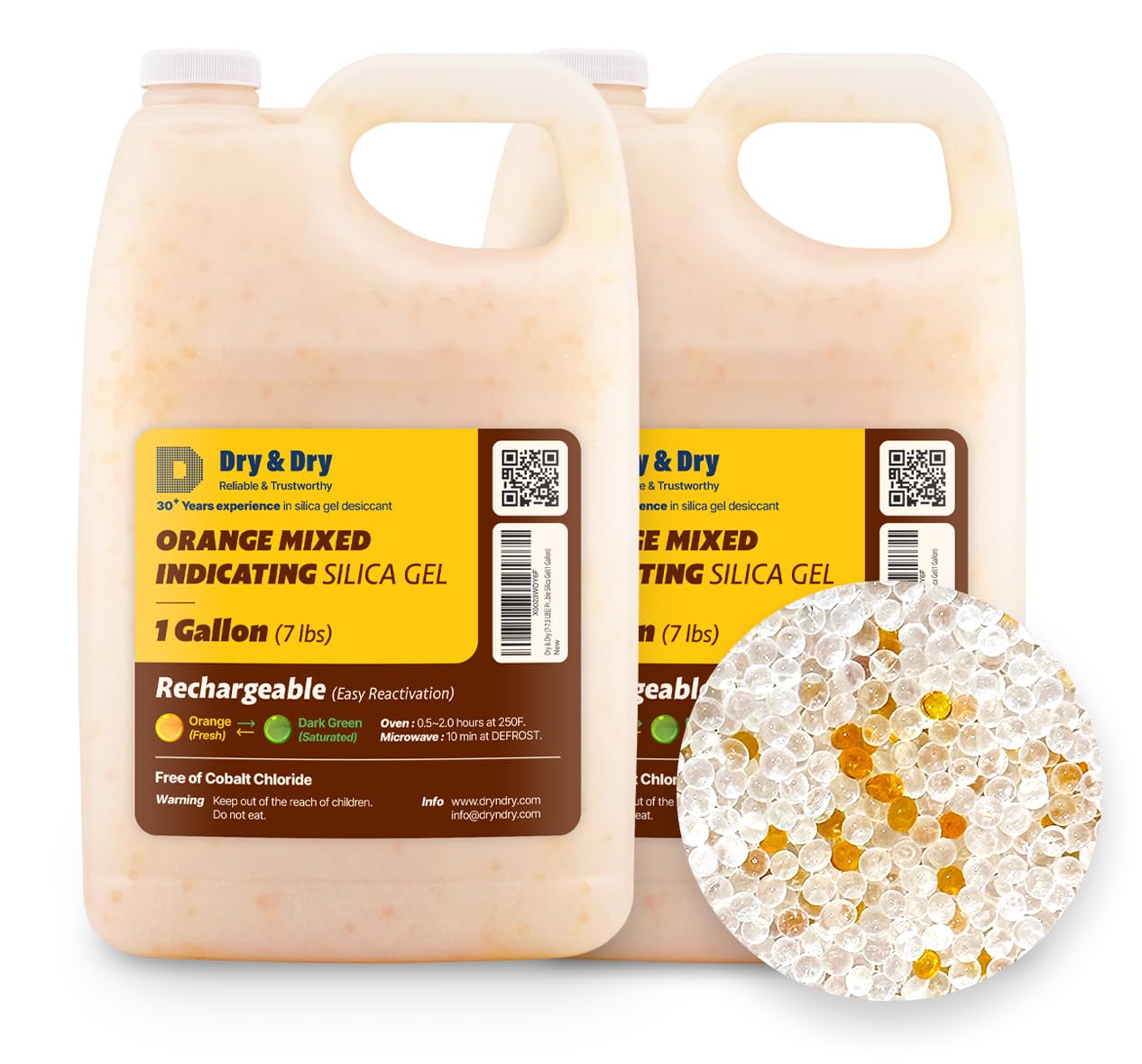 "Dry & Dry" [14-15 LBS] Premium Orange & White Mixed Indicating Silica Gel Desiccant Beads(Industry Standard 2-4 mm) - Rechargeable Silica Gel Silica Beads(2 Gallon)