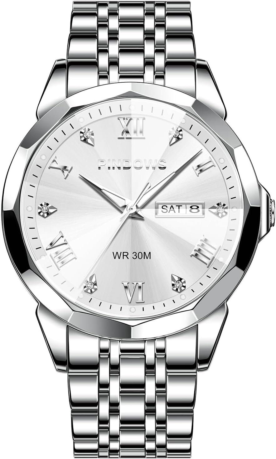 PINDOWS Watch for Men Diamond Business Dress Analog Quartz Wrist Watch Luxury Waterproof Luminous Date Two-Tone Stainless Steel Band Classic Fashion Men Watches