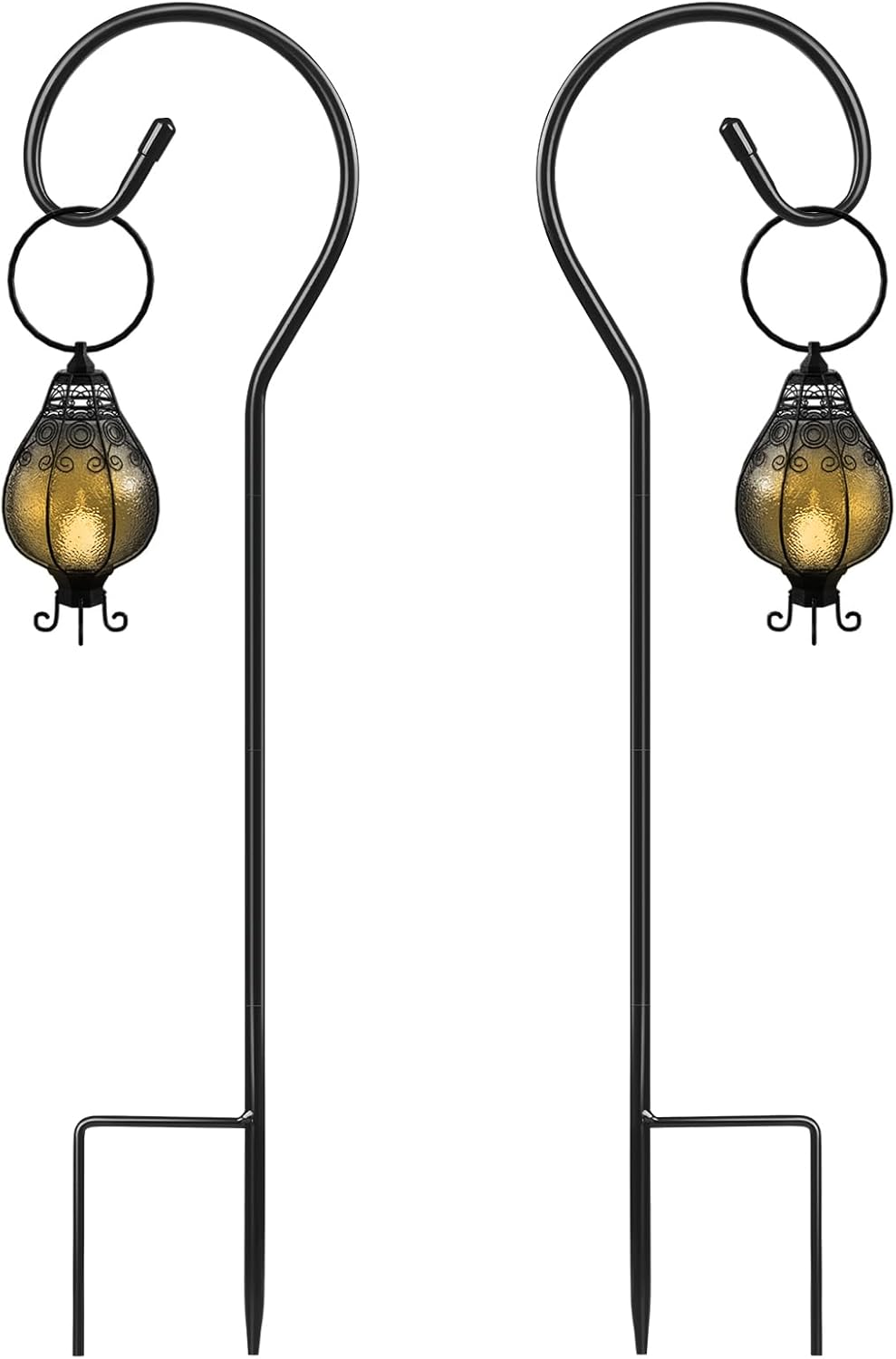 Shepherds Crook Hooks for Garden Lights, 80cm Shephreds Hook Garden Lantern Hooks with Metal Stake, Adjustable Height Festoon Pole Stand for Hanging Solar Lights, Plant Baskets, Black, Set of 2