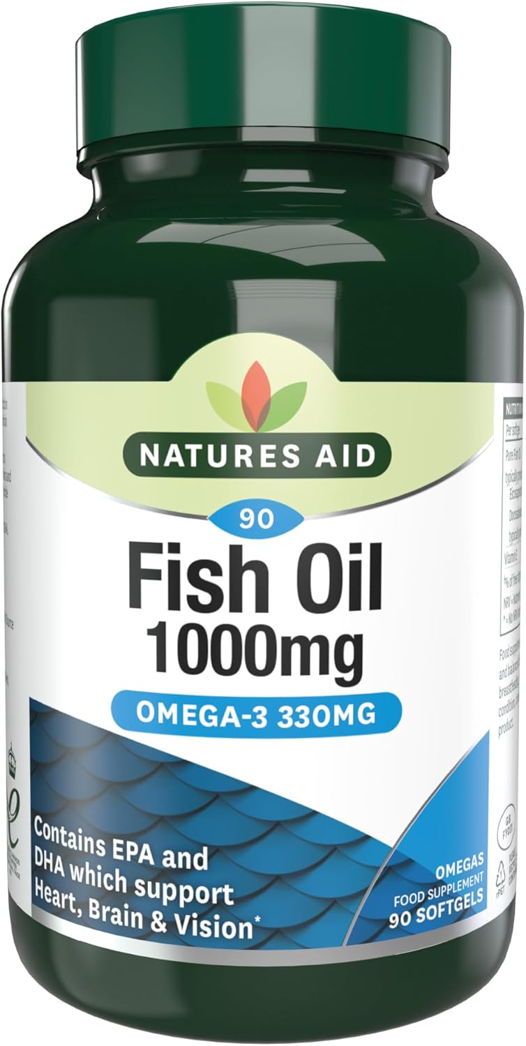 Natures Aid Fish Oil 1000mg – High Strength Omega-3 Supplement with DHA & EPA – Supports Heart, Brain Vision, Immune & Joint Health Non-GMO – High Strength Natural Fish Oil – 90 Softgel Capsules