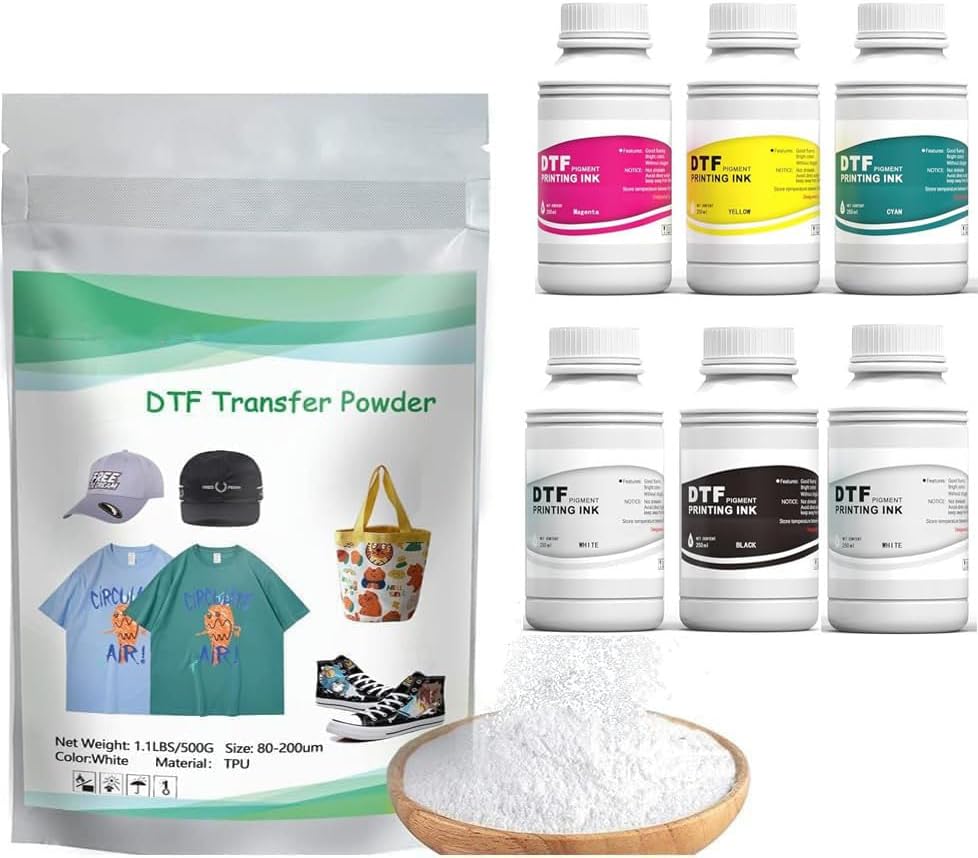 DTF Ink 1500 ml and Powder Set 6 x 250ml Ink CMYKW+Protection Fluid 500 g DTF Powder for A3 A4 l1800 L805 DTF Printer Machine Direct to Transfer Supply Kits