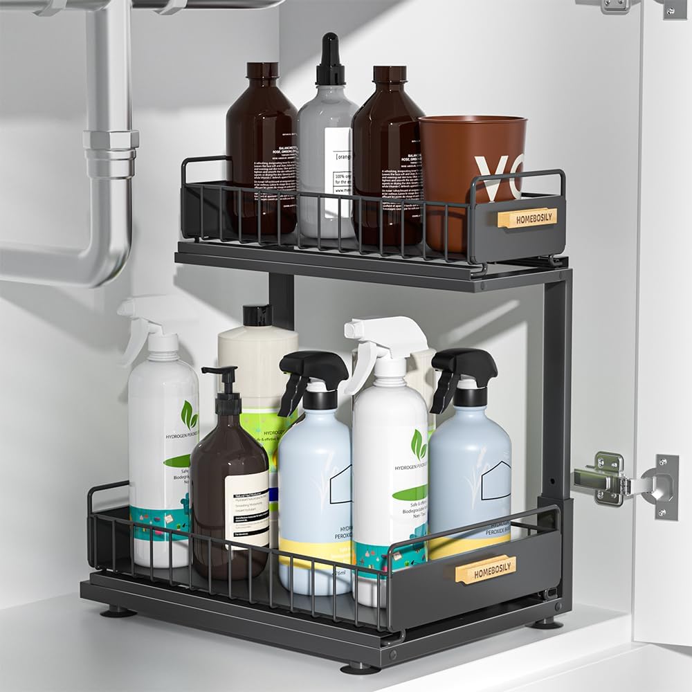 Under Sink Organizer, Pull Out Kitchen Cabinet Organizer, 2-Tier Metal Under Sink Organizers and Storage Height-Adjustable, Kitchen Bathroom Organizers and Storage Shelves, Black