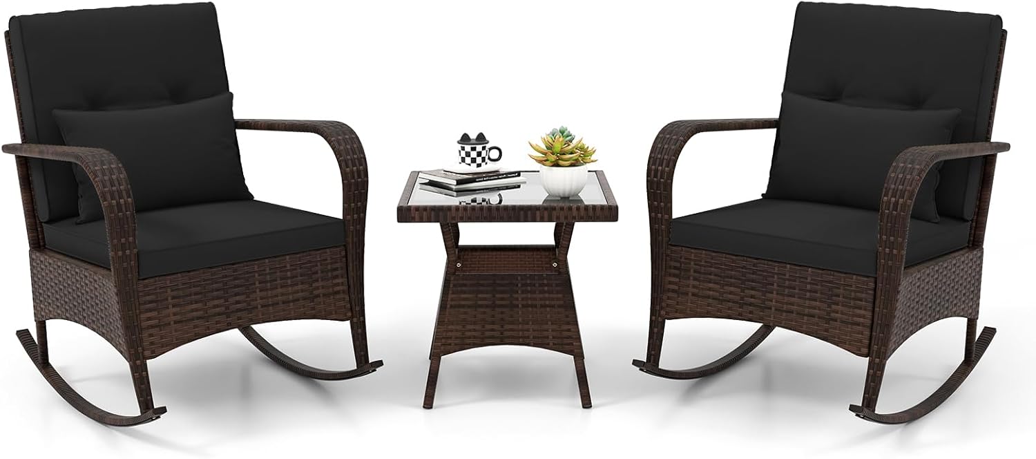 ORALNER 3 Pieces Patio Furniture Set, Outdoor Wicker Rocking Chairs with Cushions, Pillows, Glass Coffee Table, Rattan Bistro Rocker Set for Balcony Front Porch Poolside Garden Deck Yard (Black)