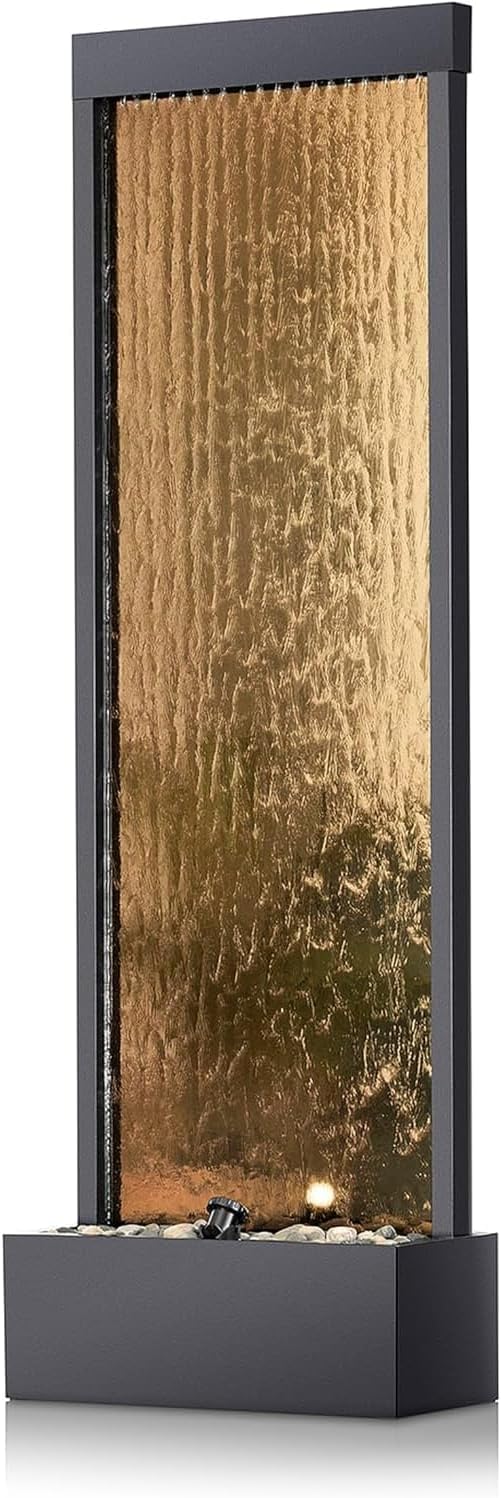 Alpine Corporation MLT100 Mirror Waterfall Fountain with Stones & Lights - Zen Indoor/Outdoor Decor for Office, Living Room, Patio, Entryway - 72 Inches - Modern Wall-Mounted Water Feature (Bronze)