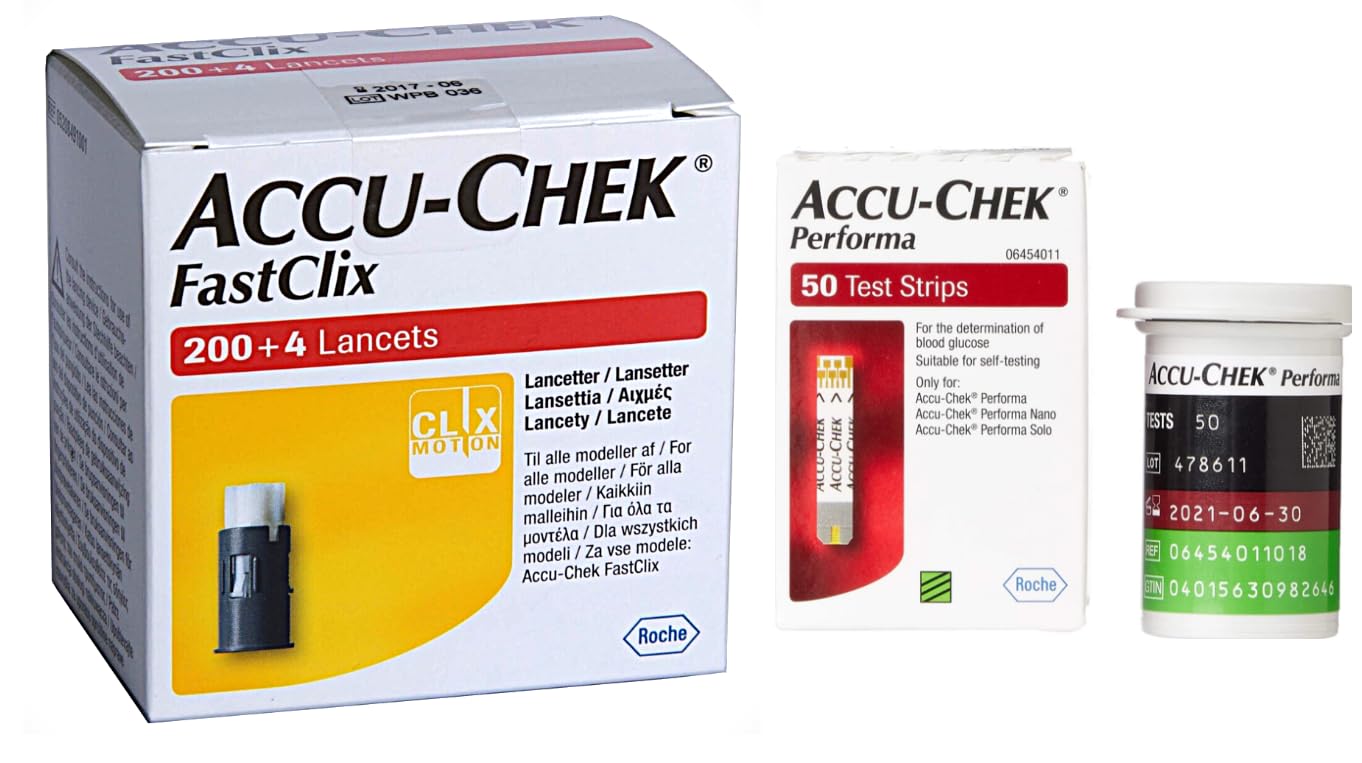 Pack of 2 Bundle for Blood Sugar Testing, AccuCChek Fast ClixLancets & PerformaTest Strips – 204 Preloaded Lancets + 50 Glucose Test Strips,