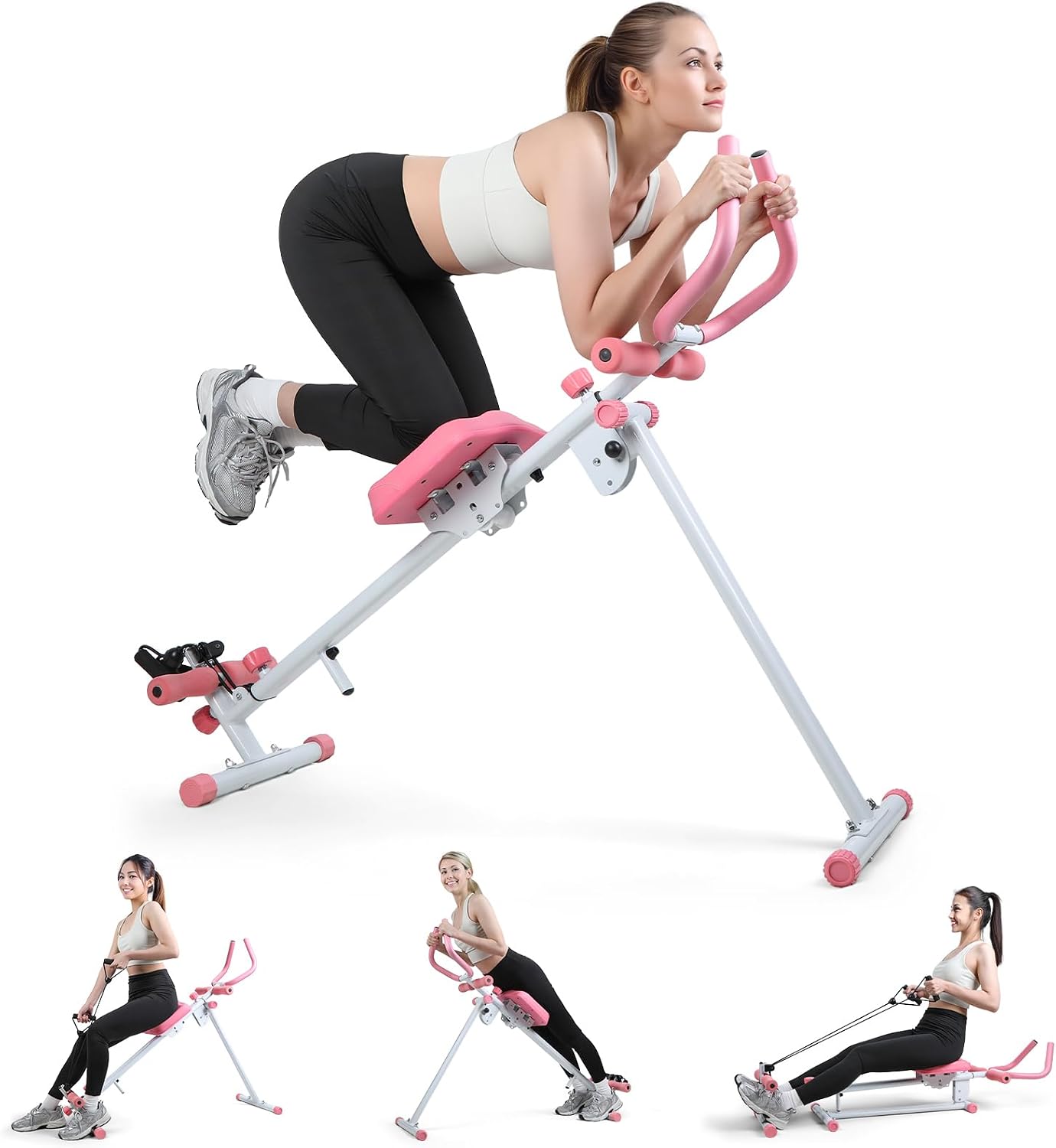 Rowing Machines for Home Gym, Max Bearing 120kg, Multi-Functional Rower Machine Adjustable Handrail Ab Trainer Machine, Folding AB Workout Machines, with Resistant Bands (Pink B)