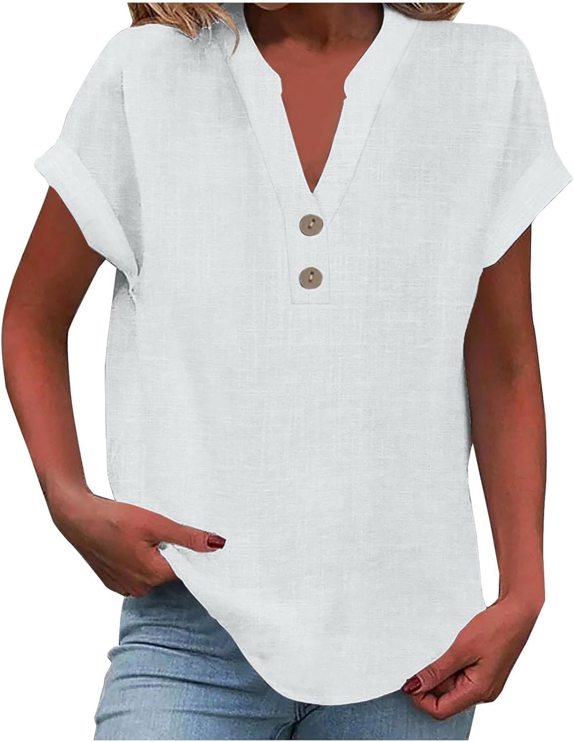 AMDOLE Ladies Tops 2025 Women's Summer Cotton Linen Cap Sleeve T-Shirt Button V Neck Tunic Tops Fashion Baggy Solid Plain Casual Shirts Trendy Blouse