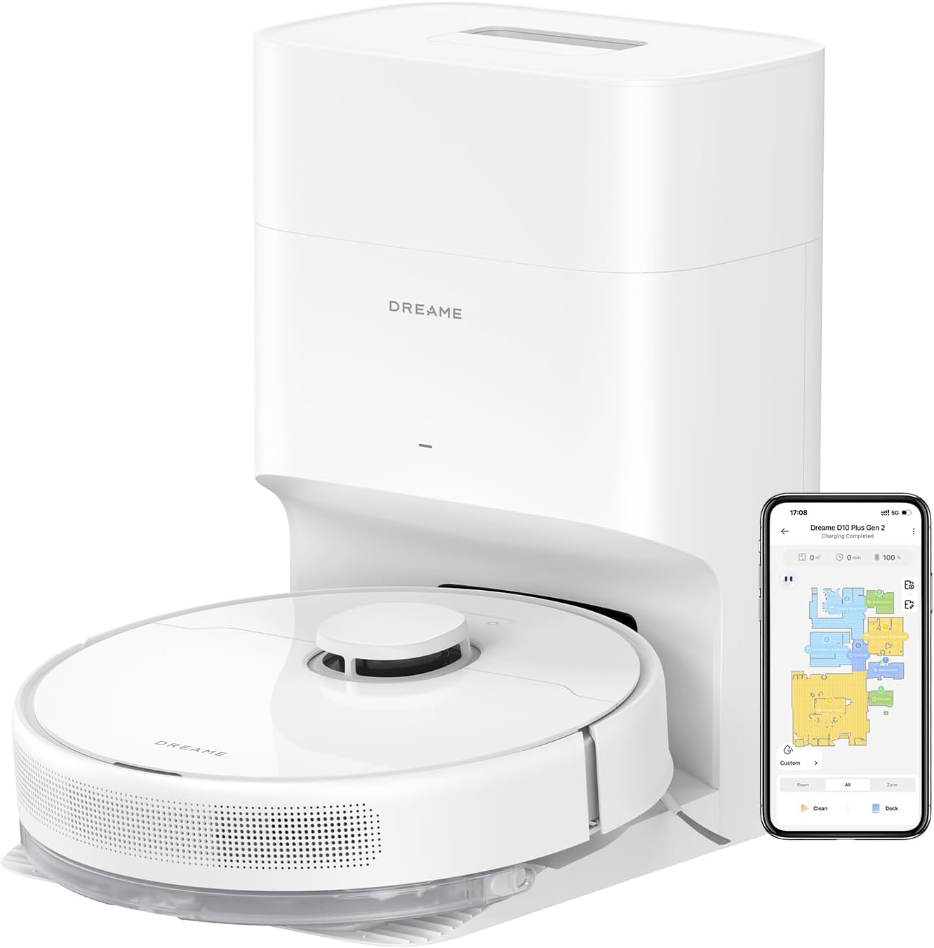 dreame D10 Plus Gen 2 Robot Vacuum Cleaner with Mop, 6000Pa Suction, LiDAR Navigation, Up to 90 Days of Hands-Free Cleaning, Self Charging & Emptying, Floating Brush, Alexa/APP Remote Control, White