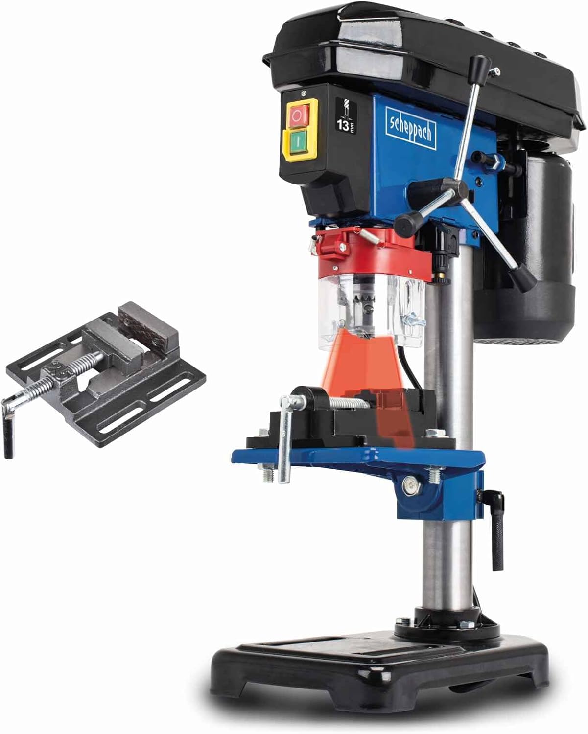 Scheppach DP16VLS Bench Pillar Drill, 500W 5-Speed Drill Press with Laser, 13mm Chuck, 50mm Stroke, Tilting Table and 62mm Bench Vice for Wood, Metal and Plastic