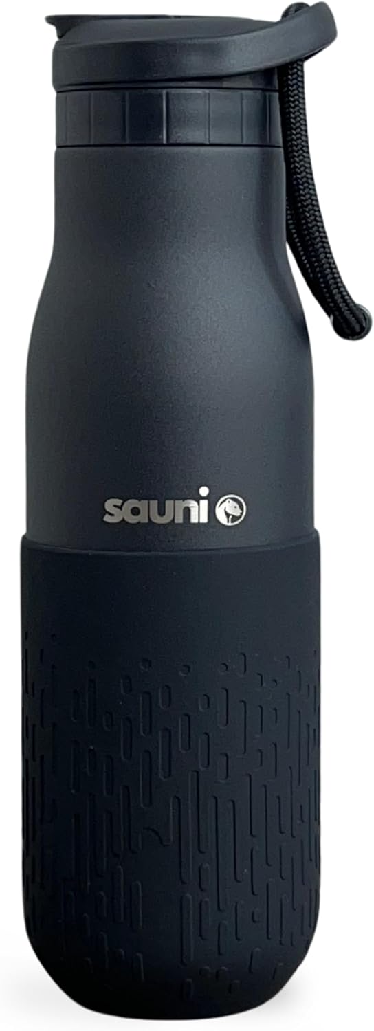 Sauni 500ml Insulated Water Bottle – Stainless Steel Gym & Sauna Bottle with Straw Lid – Cold for 24h, BPA-Free, Heat-Resistant Grip, Leakproof Sports Flask – Black