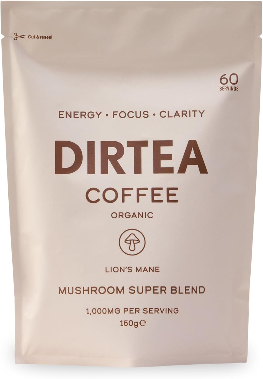 DIRTEA Coffee with Organic Lion's Mane - 60 Servings - 100% Arabica Coffee with B6, B12 & Folic Acid - 150g - 1,000mg per Serving
