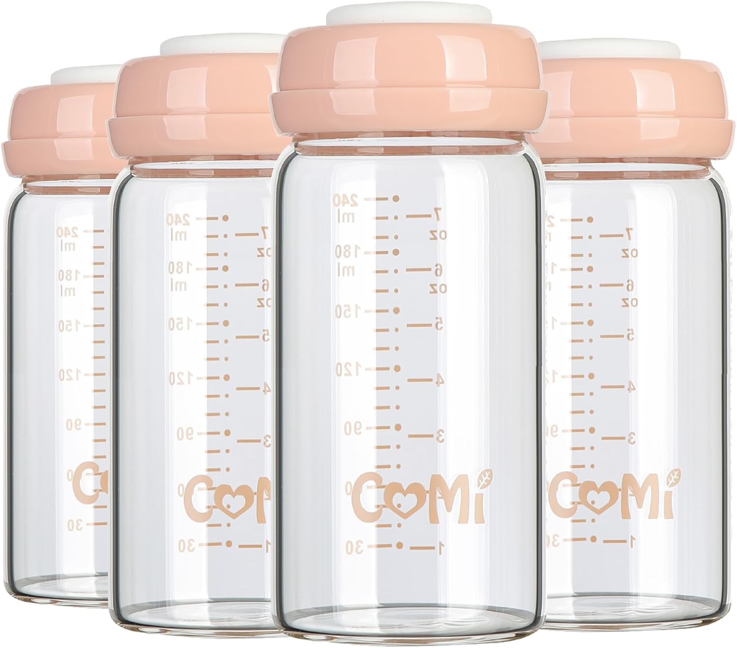 Comi Baby Glass Breastmilk Storage Bottles Pink 4 Packs 8.oz 240ml Wide Neck Bottles with Screw Ring Sealing Disk BPA-Free Breastfeeding Milk Collection Fits Breast Pumps & Nipples(4 Pink Lids)