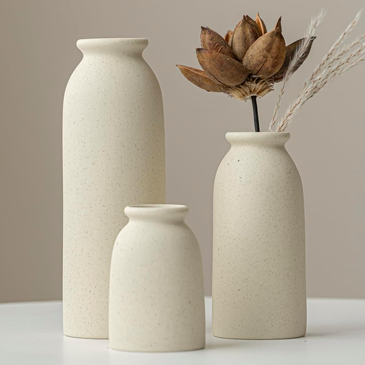 Set of 3 Small Ceramic Vases for Home Decor & Table Centrepieces, Rustic Farmhouse Style, Mini Decorative Flower Vases (Beige)