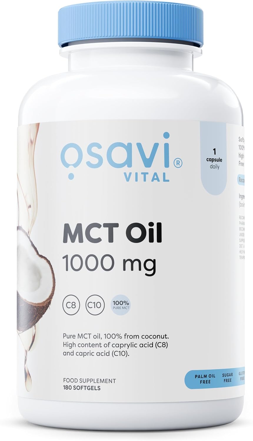 Osavi MCT Oil 1000mg – 180 Softgels | High Concentration of Caprylic (C8) and Capric (C10) Acids | 100% Coconut Oil, Palm Oil Free | Eco–Friendly BioPET Packaging