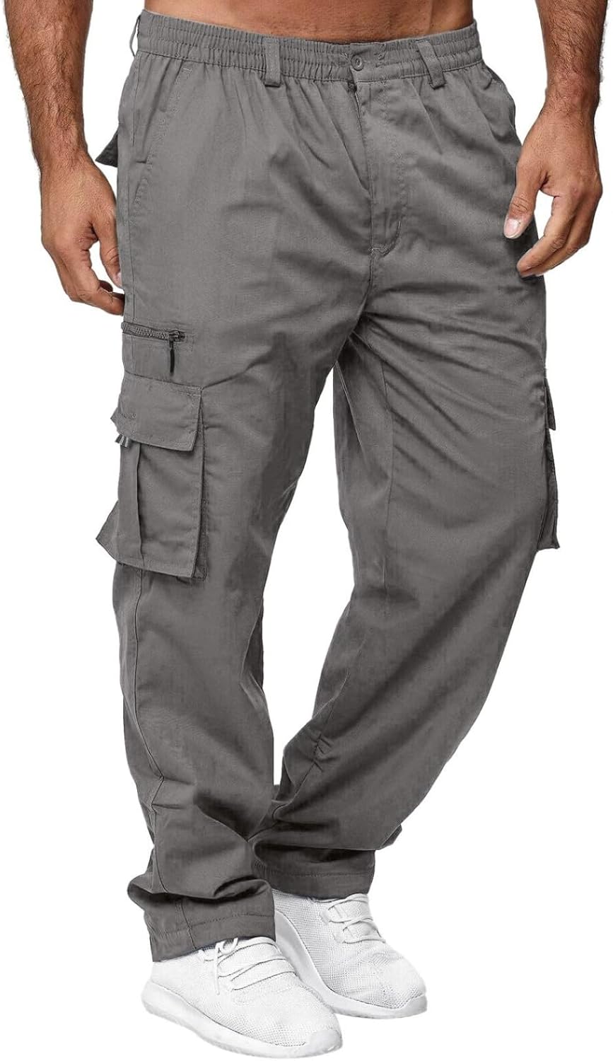 OUMSHBI Men Cargo Trousers Solid Color Mens Combat Trousers Elasticated Waist with Multiple Pockets Lightweight Outdoor Hiking Sweatpants All Seasons Men's Joggers Sweatpants